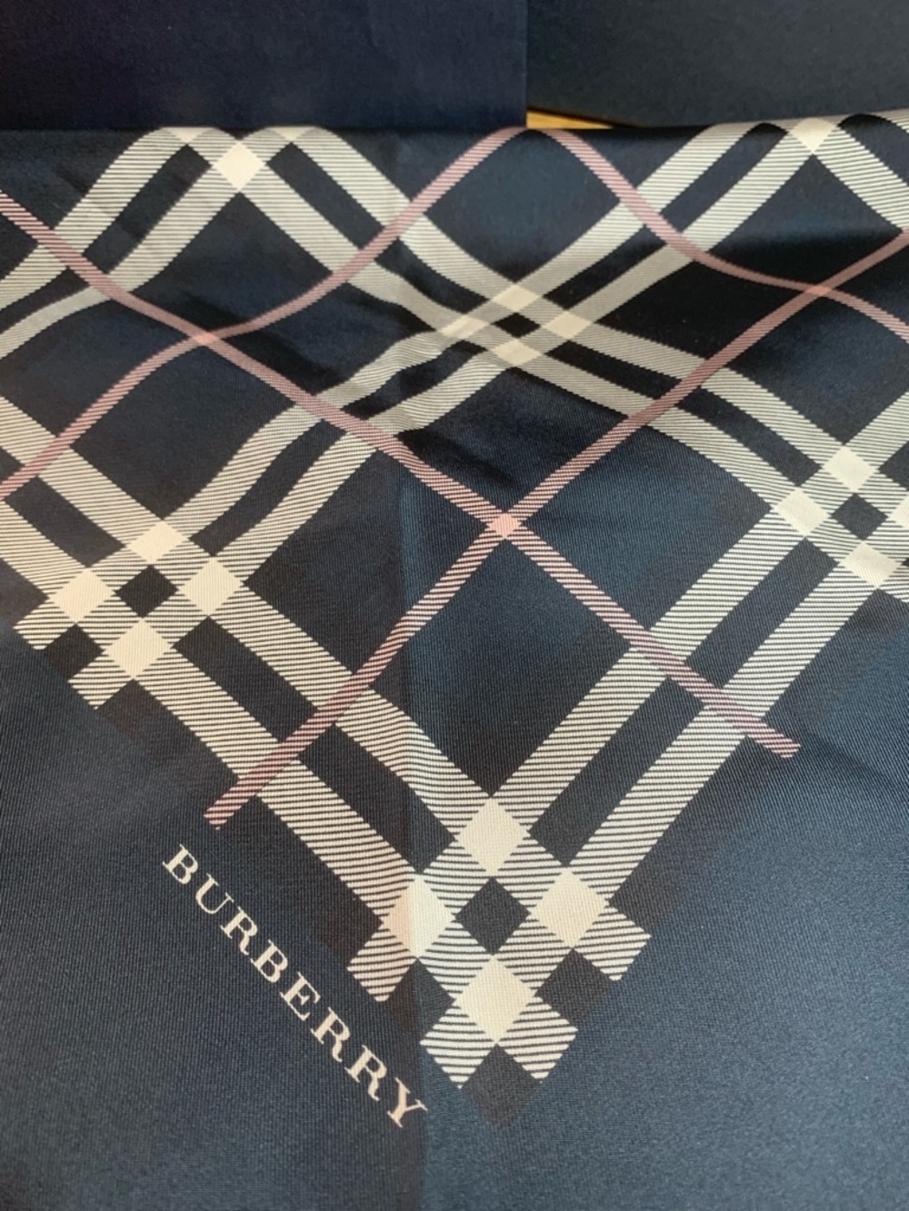 Pre Owned Burberry Black Plaid Logo Silk Scarf with Cream and Pink Accents